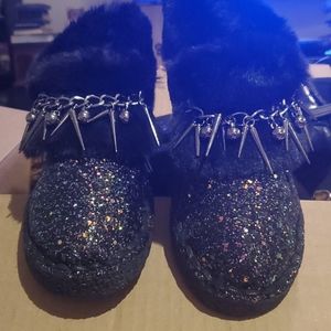 Black Glitter and Faux Fur Clogs